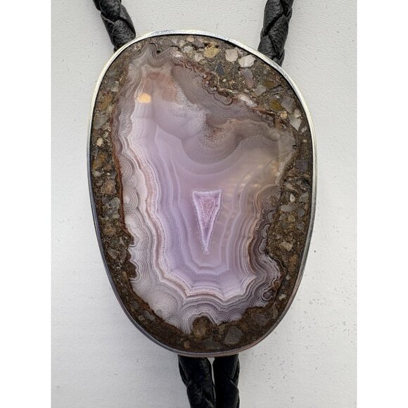 Vtg Bolo Tie Native American Purple Agate Leather Lace Sterling Silver Bullet - Picture 2 of 8